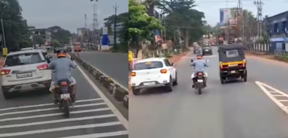 നിർത്താതെ ഹോണടിച്ചിട്ടും വഴിമാറിയില്ല;  ആംബുലൻസിന്റെ വഴിമുടക്കി ബൈക്ക് യാത്രക്കാരൻ