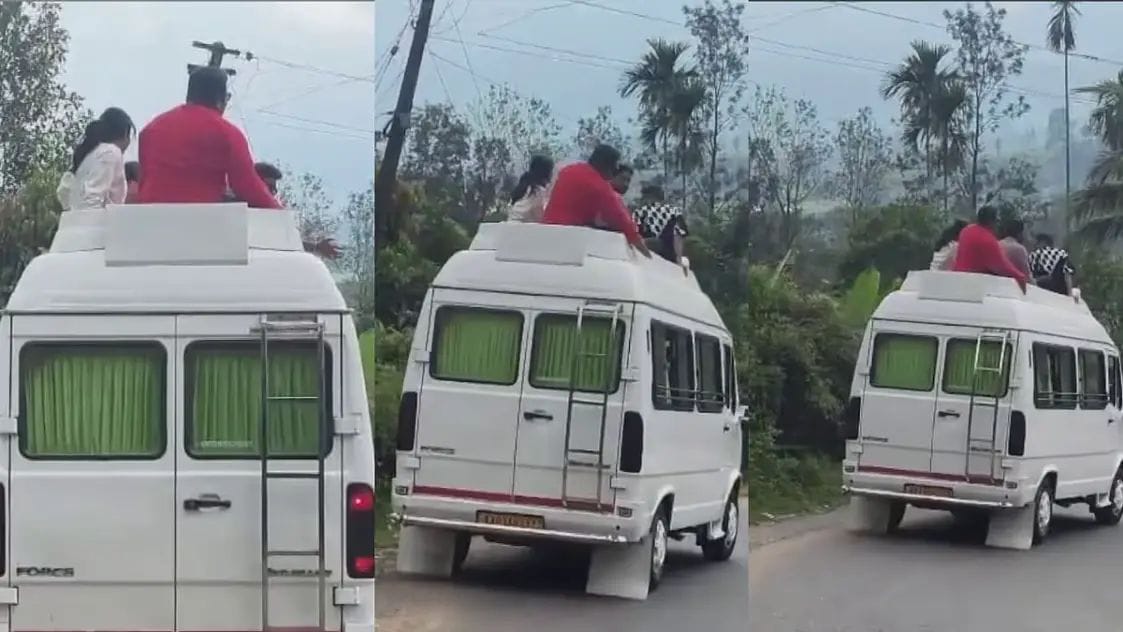 ട്രാവലറിൻ്റെ മുകളിൽ ഇരുന്ന് വിനോദ സഞ്ചാരികളുടെ ഉല്ലാസയാത്ര, സംഭവം വയനാട്ടിൽ