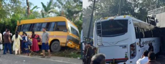 ശബരിമല തീർഥാടകരുടെ വാഹനം സ്കൂൾ ബസിലിടിച്ചു; ഓടയിലേക്ക് മറിഞ്ഞു, വിദ്യാർഥികൾക്ക് പരിക്ക്