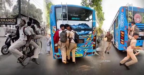 ഓടുന്ന ബസിന്റെ പിന്നിലെ കമ്പിയിൽ തൂങ്ങി വിദ്യാർഥികളുടെ റീൽസ് ചിത്രീകരണം