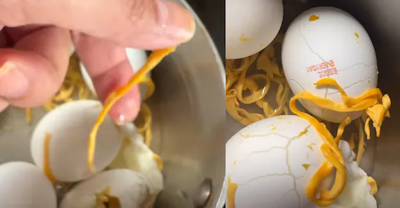 മുട്ട പുഴുങ്ങിയപ്പോൾ പുറത്തു വന്നത് പ്ലാസ്റ്റിക് നൂൽ; വീഡിയോ പങ്കുവച്ച് യുവതി