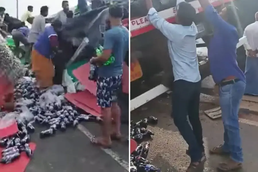 മദ്യമാണെന്ന് തെറ്റിദ്ധരിച്ചു; മറിഞ്ഞ ലോറിയിൽനിന്ന് ശീതളപാനീയ കുപ്പികൾ വാരിക്കൂട്ടി നാട്ടുകാർ