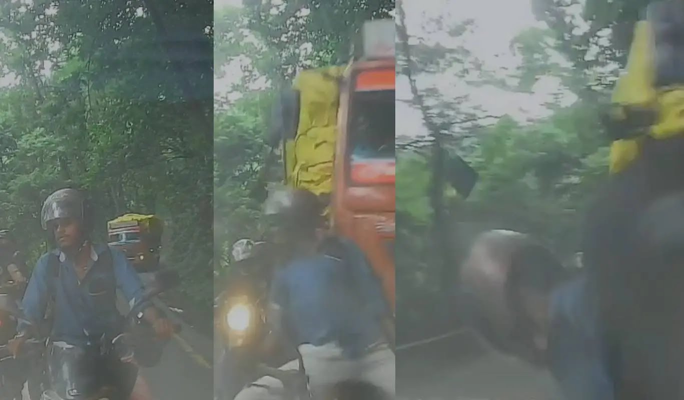 താമരശ്ശേരി ചുരത്തിൽ നിയന്ത്രണം വിട്ട ലോറി ബൈക്ക് യാത്രക്കാരനെ ഇടിച്ച് തെറിപ്പിച്ച് മറിഞ്ഞു